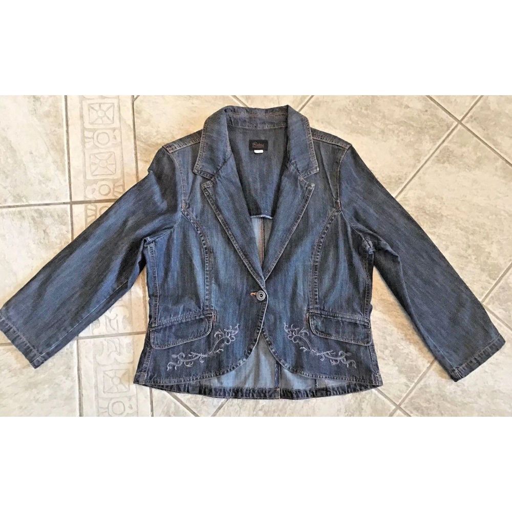 Riders Copper Collection Woman's Blue Denim Embroidered Jean Jacket Blazer Sz L
